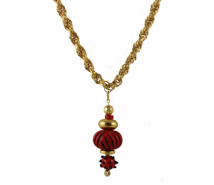 Handmade red cinnabar pendant and vintage gold chain