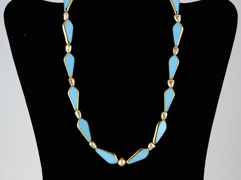 Blue and Gold Necklace of Vintage Art Deco Beads