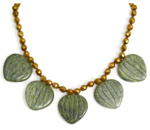 Green Choker of Etched Moss Jasper and Bronze Vintage chain