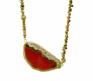 Large Rust-Colored Agate Pendant with Unikite Chain