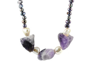 Unpolished Amethyst and Peacock Pearls Necklace