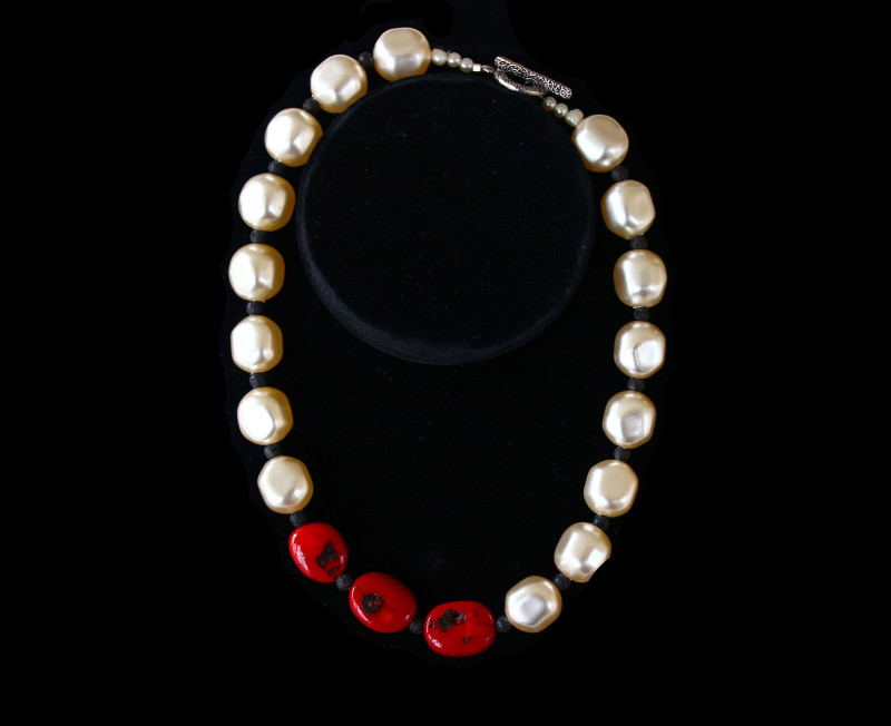 Pearl, Red Bamboo Coral, and Lava Choker/Necklace