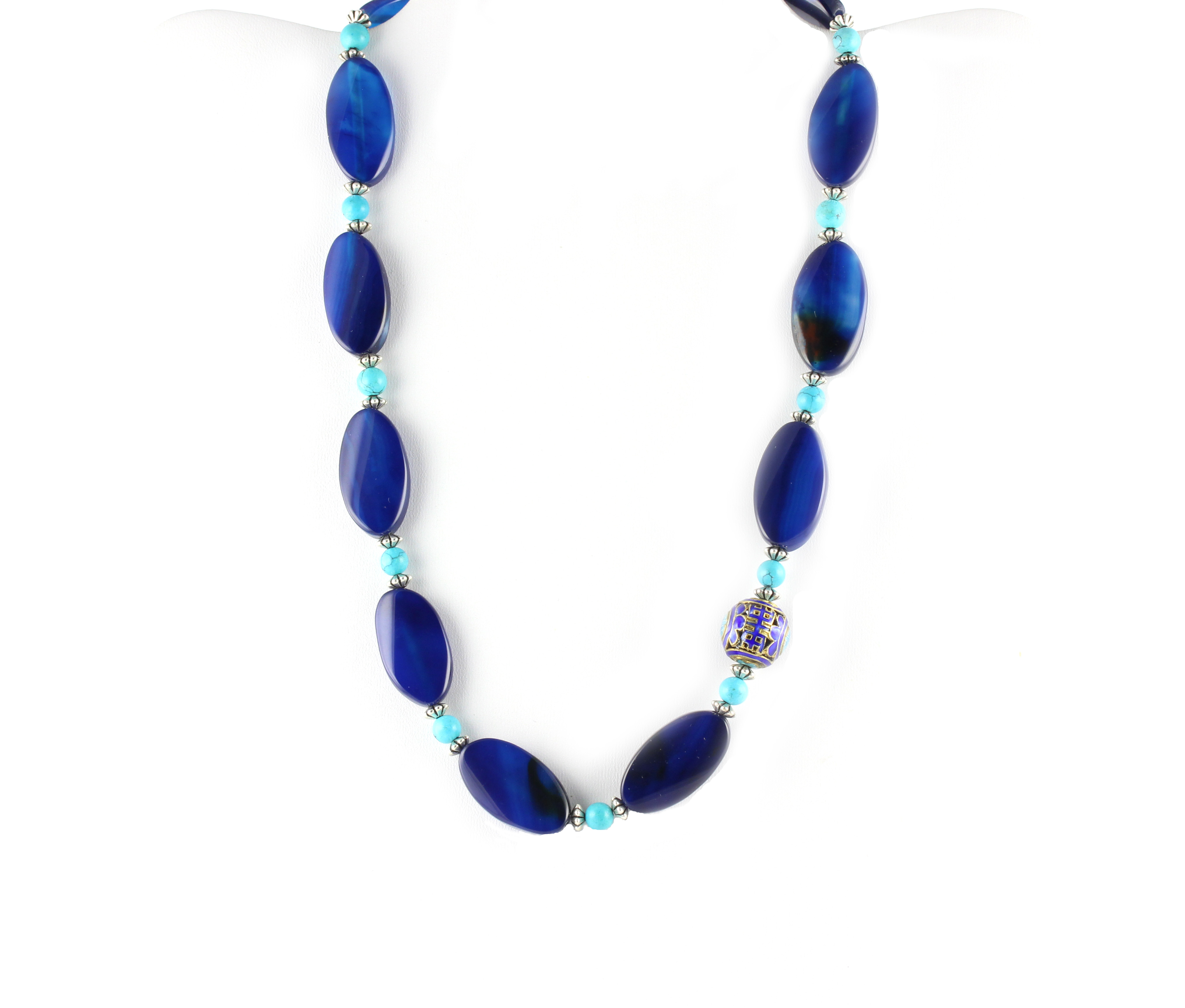 Electric Blue Necklace with a Touch of Turquoise and Cloisonné Focal