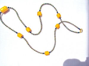 Illusion Necklace of Olive Green Pearls Chain and Yellow Amber Focal