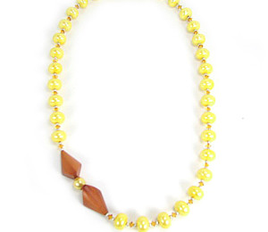 Necklace of Large Yellow Pearls with Unexpected Teak Focal