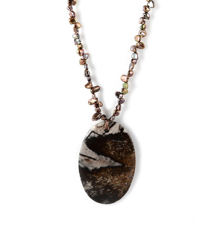 Brown Zebra Jasper Pendant/necklace and Pearls Chain