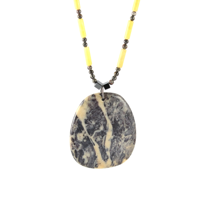 Charcoal Gray and Yellow Jasper Pendant with Jade Chain