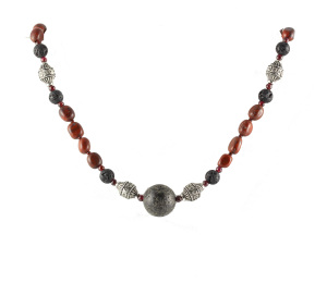 A Necklace of Wine Color Jasper Cubes with Lava Focal and Bali Beads