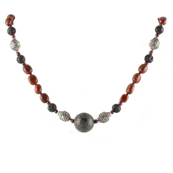 A Necklace of Wine Color Jasper Cubes with Lava Focal and Bali Beads