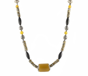 Tribal beige, black, yellow, and silver long necklace