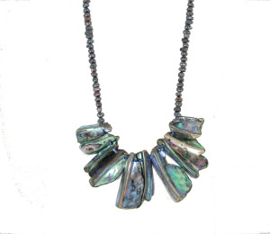 Mother of pearl (abalone) fan necklace in peacock colors. One-of-a-kind
