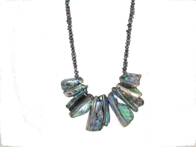 Mother of pearl (abalone) fan necklace in peacock colors. One-of-a-kind
