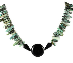 African Turquoise Stick-Beads Necklace with Onyx Focal