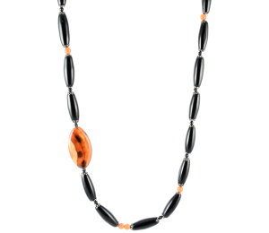Long onyx necklace with rust and black agate focal