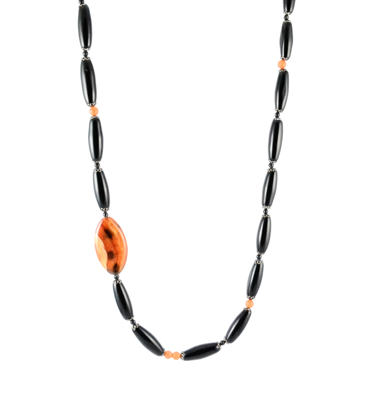 Long onyx necklace with rust and black agate focal
