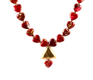 Lacquered Red and Gold Hearts Necklace for Valentine’s Day and All Year Round