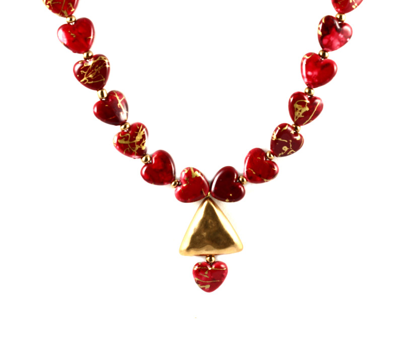 Lacquered Red and Gold Hearts Necklace for Valentine’s Day and All Year Round