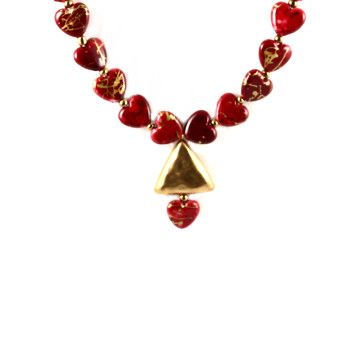 Lacquered Red and Gold Hearts Necklace for Valentine's Day and All Year Round