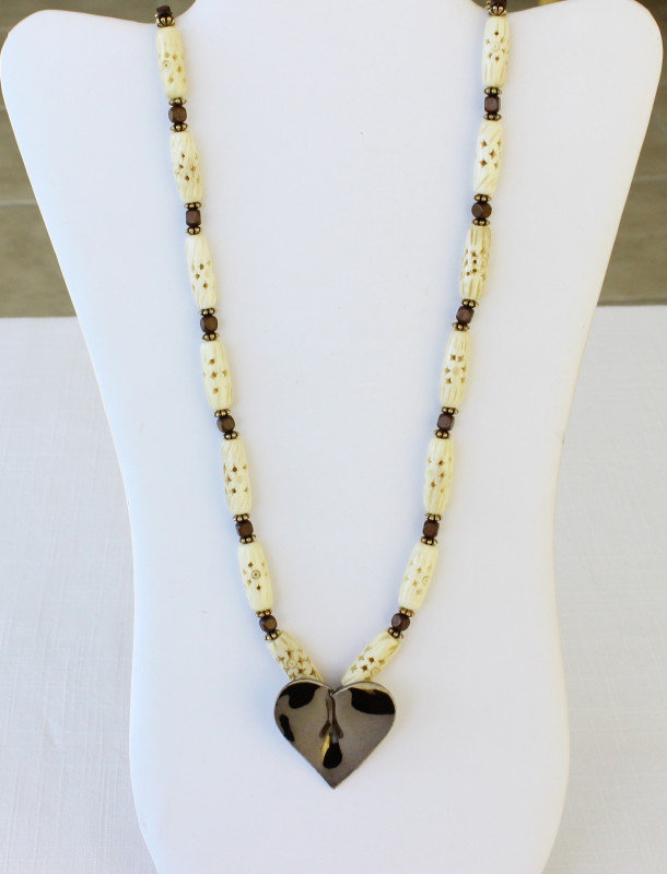 Brown heart and hand crafted bone chain for Valentine's Day and all year round. One-of-a-kind.