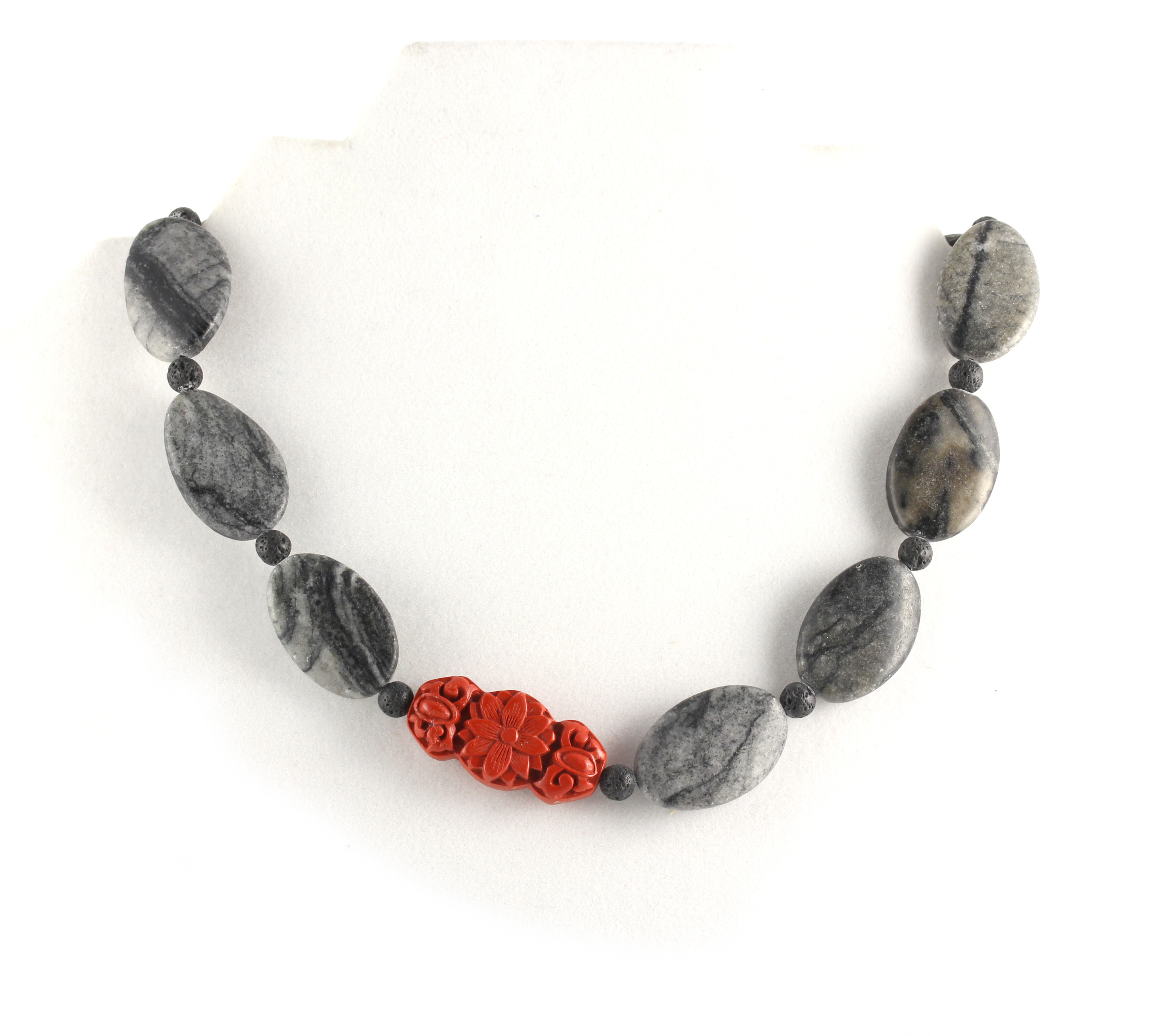 Gray/black Picasso jasper necklace with red cinnabar focal