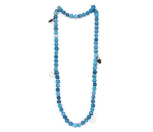 Fashionably long blue continuous necklace of hand blown glass beads with removable charms.