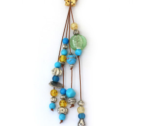 Fun Brown/Beige Leather Necklace with dangling straps of Aqua, Silver, Blue, and Yellow Beads