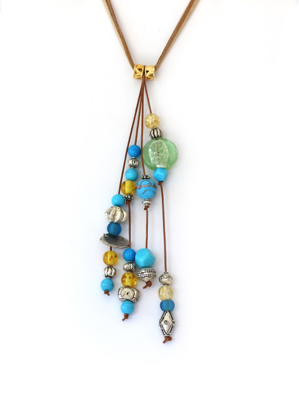 Fun Brown/Beige Leather Necklace with dangling straps of Aqua, Silver ...