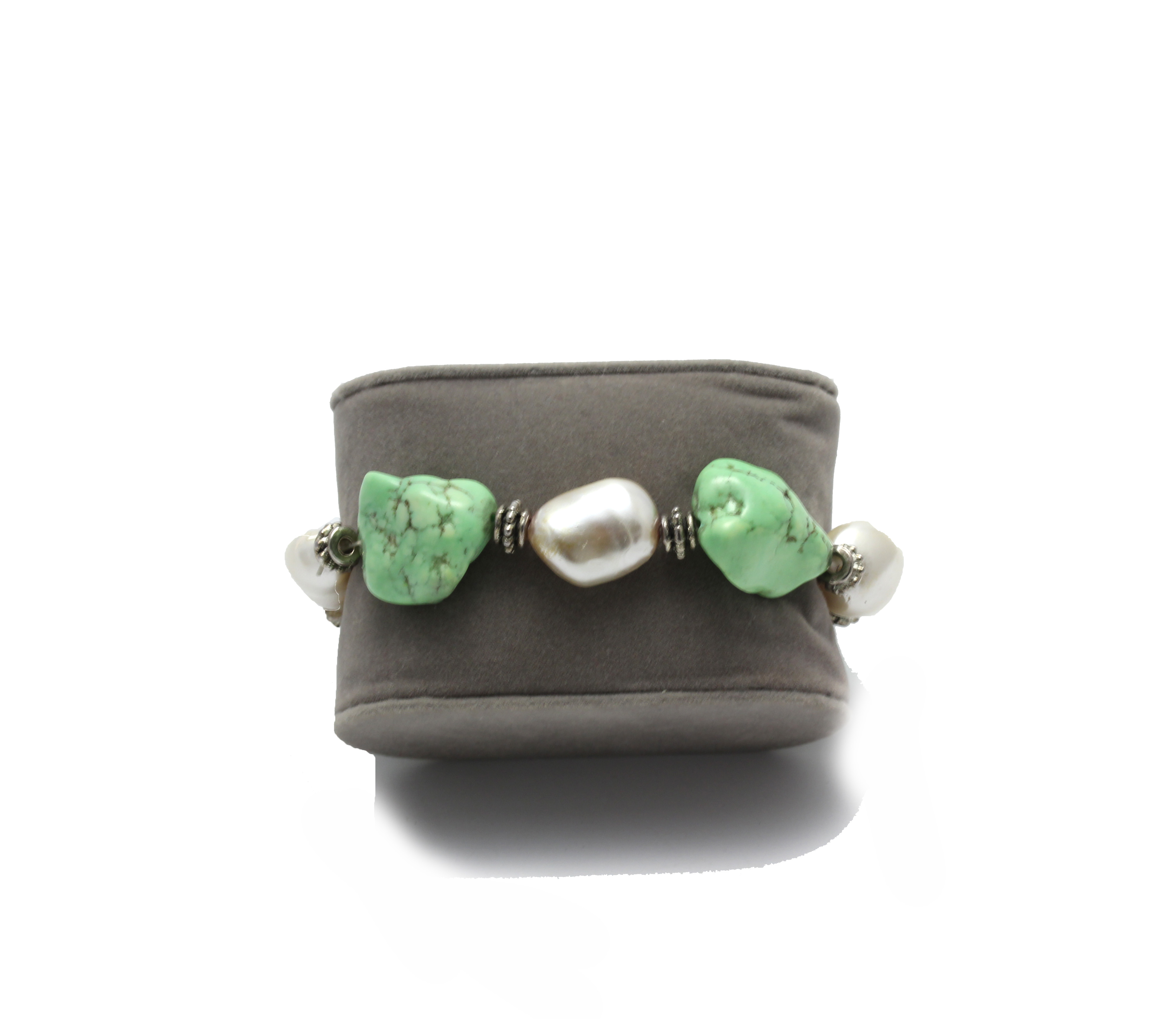 Bracelet of Light Green Magnesite Chunks and Baroque Pearls