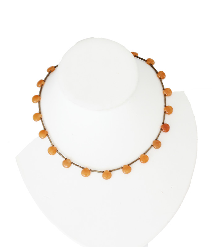 A Delicate Necklace of Carnelian Briolettes and Bronze Miyuki Tubes