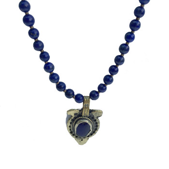 Ethnic Lapis Lazuli Pendant Hanging on Lapis Chain