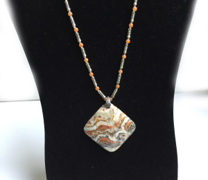 Gray White Orange Jasper Pendant/Necklace on Handmade Chain