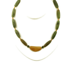 Green Moss Agate Necklace with Mustard Yellow Moon Focal. One-of-a-Kind
