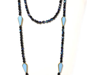 Black and Blue bLACK Aurora Borealis Long Necklace with Vintage Art Deco beads