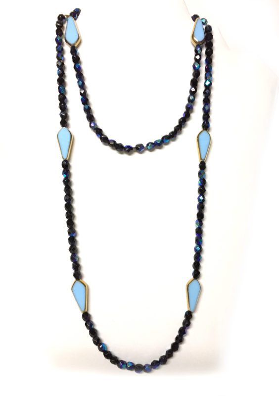 Black and Blue bLACK Aurora Borealis Long Necklace with Vintage Art Deco beads